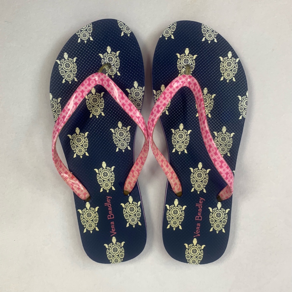 Vera Bradley Coastal‎ Flip Flops Save the Turtles Navy Pink Straps Size 8